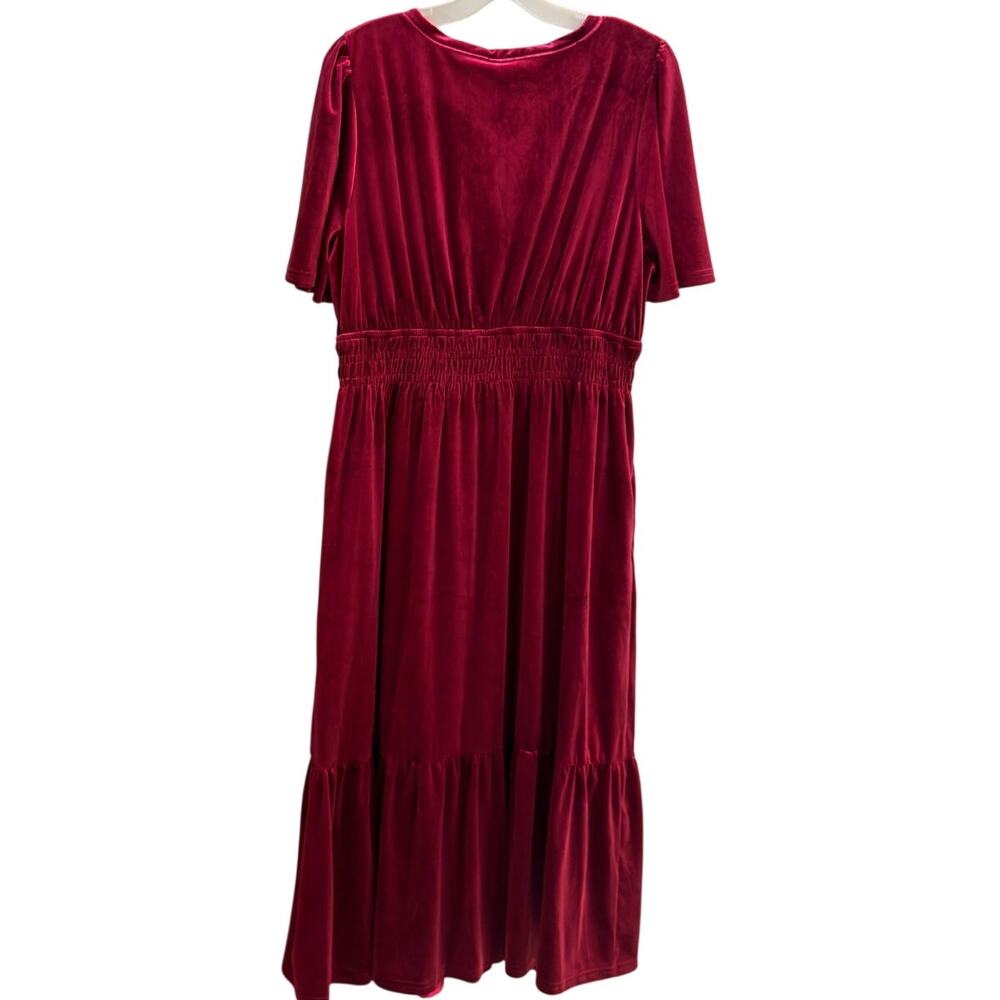 Dokotoo Burgundy Velvet Midi Dress Women’s L V Neck Ruffle Tier Pockets NWT - Picture 5 of 10